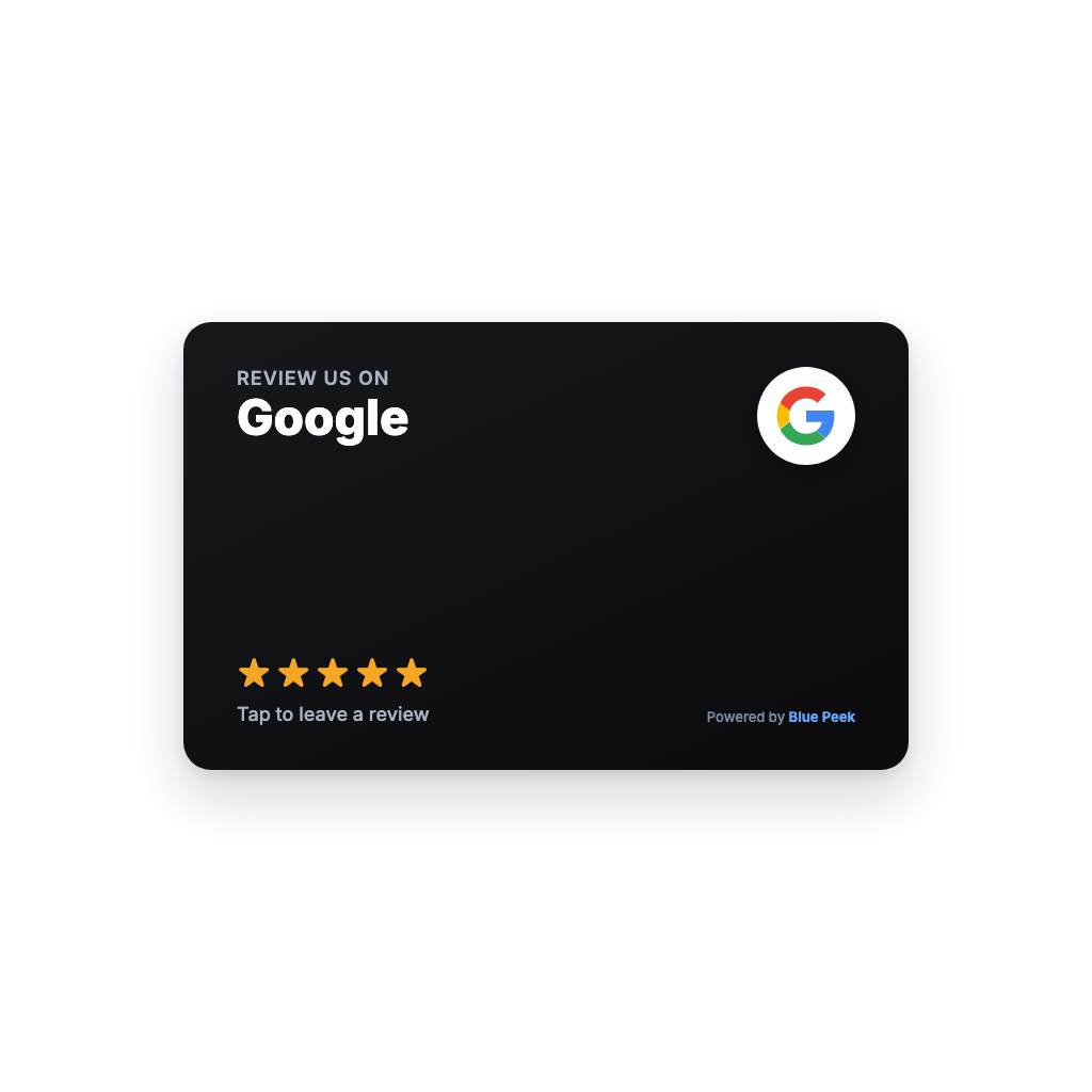 Blue Peek Card — business-card size NFC review plaque